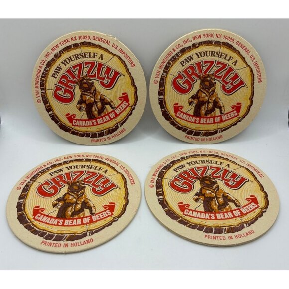 Vintage 4 Canada Grizzly Beer Paw Yourself A Grizzly Paper Coasters Double Side - Picture 1 of 4